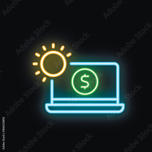 Neon icon of a laptop showing a dollar sign with the sun shining above, representing the concept of passive income