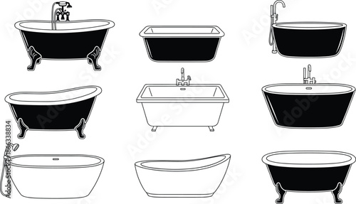 Bathtub silhouettes collection, vintage and modern freestanding bath tubs icons set, bathroom interior design elements isolated on white background