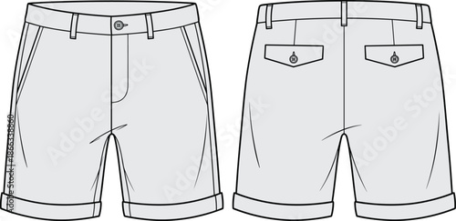 Men’s casual chino shorts illustration, front and back view, folded hem pocket shorts design, fashion apparel technical flat drawing