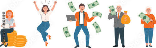 Financial emotions, money management, wealth, savings, stress, investment, retirement planning, personal finance, cartoon style, economic behavior