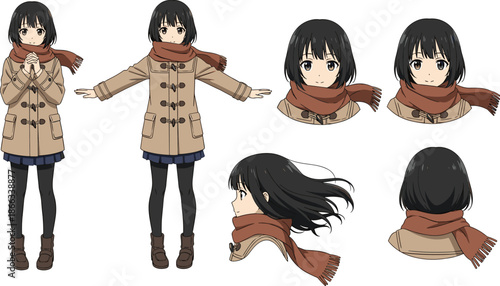 Anime winter girl character design sheet, cute female illustration turnaround, front side back views, scarf coat outfit, concept, reference, art