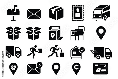 Postal and delivery icons comprehensive set featuring mail, envelopes, packages, trucks, courier symbols, and shipping illustrations,