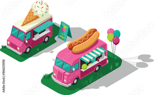 Isometric food trucks selling ice cream and hotdogs in a park on a sunny day vector illustration cute pink food trucks with ice cream cone and hotdog on top summer festival food fair event graphics