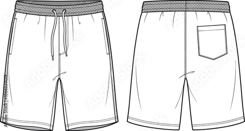 Men’s casual drawstring shorts illustration, front and back view, elastic waistband shorts design, fashion apparel technical flat drawing