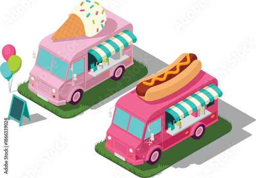 Isometric food trucks selling ice cream and hot dogs in a vibrant street scene with playful balloons and chalkboard sign food truck festival concept for summer events and street food promotions in urb