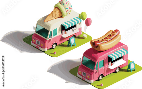 Isometric food trucks selling ice cream and hot dogs on bright sunny day cartoon style illustration summer festival vendor concept fun children's party catering service design element for website adve