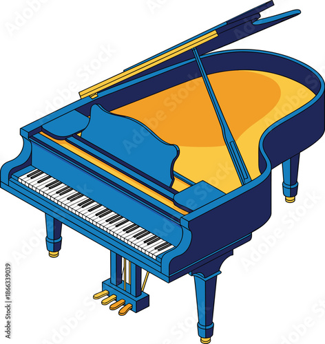Blue grand piano illustration playing classic music performance concert instrument in isometric view on white background for music schools educational resources artistic presentations and creative des