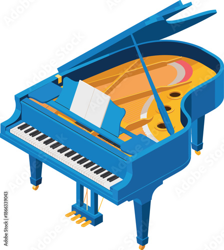 Isometric blue grand piano playing classical music composition with sheet music for orchestra performance in concert hall or music school education promoting musical arts and culture for entertainment