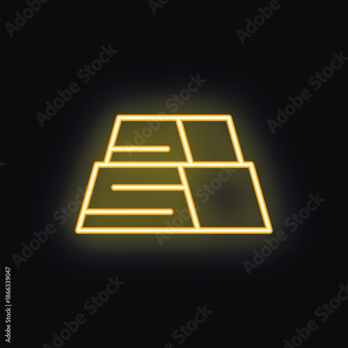 Neon sign representing a stack of three gold bars glowing on a black background