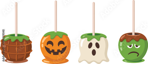 Halloween candy apples, spooky treats, caramel coating, pumpkin face, ghost design, sad apple, festive dessert, cartoon style