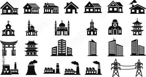 Art & IllustrationBuilding and landmark silhouette icons set including houses religious architecture city skyscrapers factories power infrastructure vector