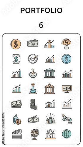 Financial Icons Set: Growth, Money, Investment, Banking, Statistics, Global Economy