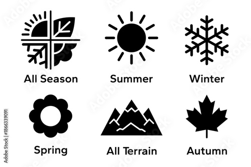 Season summer, autumn, winter, spring, all season, all terrain black line icon set. Season icons, label, sticker, banner, symbol, sign, emblem, logo, badge, web. Vector illustration.