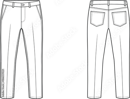 Men’s casual slim trousers illustration, front and back view, straight fit pocket pants design, fashion apparel technical flat drawing