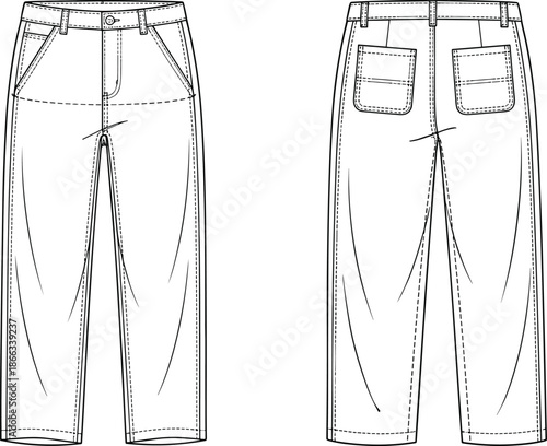 Men’s casual utility trousers illustration, front and back view, workwear pocket pants design, fashion apparel technical flat drawing
