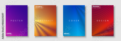 Collection of bright colorful striped digital abstract covers, templates, placards, brochures, banners, flyers, backgrounds. Vibrant minimalistic halftone gradient posters. Vector
