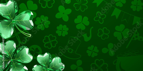 St Patricks day illustration in digital style with green shamrocks and festive elements on dark green background.