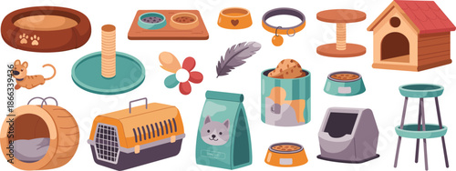 Pet accessories, dog and cat items, food bowls, collars, pet house, toys, scratchers, feeders, carriers, pet care essentials