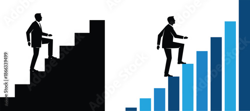 Business growth concept illustration, man climbing stairs and bar chart, career progress success, achievement analytics, flat vector design isolated white
