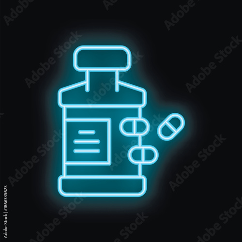 Blue neon icon of a medicine bottle glowing against a dark background, evoking themes of healthcare and pharmaceuticals