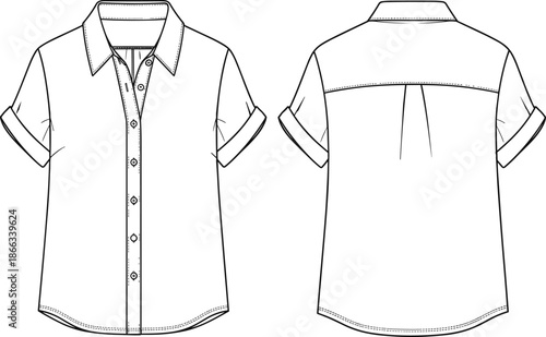 Men’s short sleeve button up shirt illustration, front and back view, rolled cuff casual shirt design, fashion apparel technical flat drawing