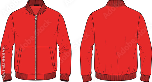 Men’s red bomber jacket illustration, front and back view, zip up casual jacket design, fashion apparel technical flat drawingt