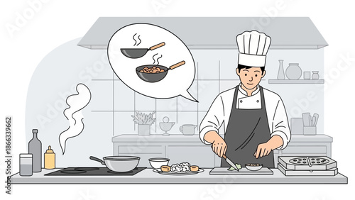 Chef Cooking Asian Food in Restaurant Kitchen