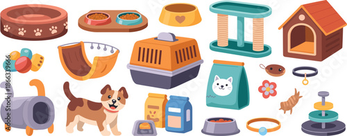 Pet supplies, dog accessories, cat toys, pet bed, food bowls, collars, scratching post, pet carrier, dog house, animal care essentials