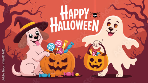 Happy Halloween cartoon dog and ghost trick or treating with pumpkin basket full of candy sweets festive illustration for holiday invitation greeting card seasonal design children's party decoration o
