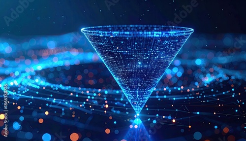Digital funnel illustration, blue glowing data particles, futuristic science concept