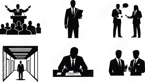 Business communication silhouettes set, public speaking negotiation meeting concepts, corporate leadership discussion icons, professional people, black flat vector illustration