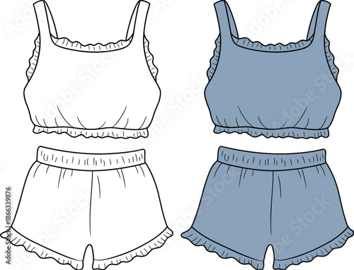 Tank top and shorts, ruffled edges, elastic waistband, sleepwear, fashion design, white set, blue set, casual outfit