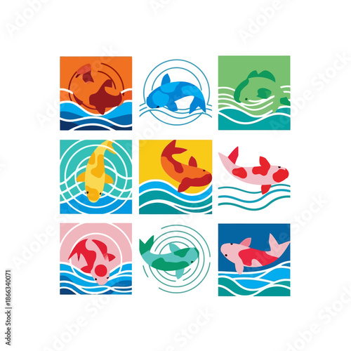 Colorful Koi Fish Illustration Collage, Japanese Carp Art, Aquatic Life, Water Design