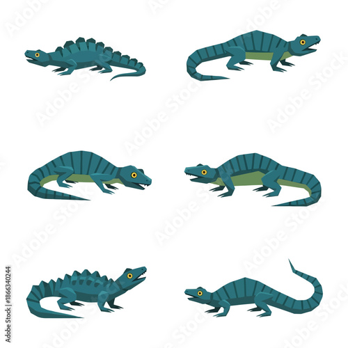 Set of Cartoon Dinosaurs, Cute Baby T-Rex, Carnotaurus, Spinosaurus, Triceratops