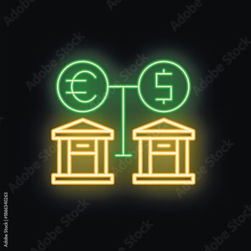 Glowing neon sign representing currency exchange between dollar and euro with two bank buildings