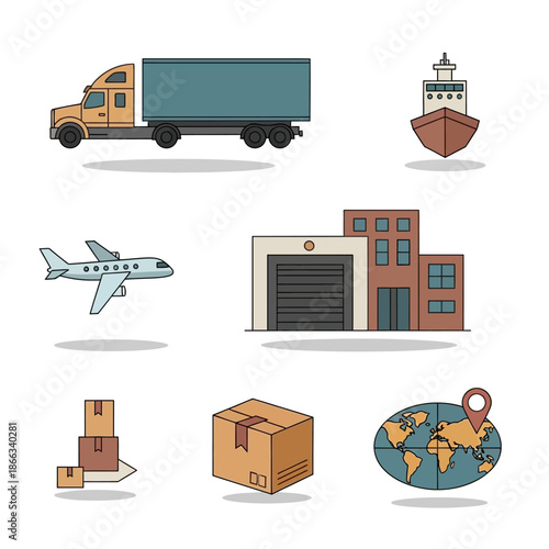 Logistics and Delivery Icons: Truck, Plane, Ship, Warehouse, Package, Map