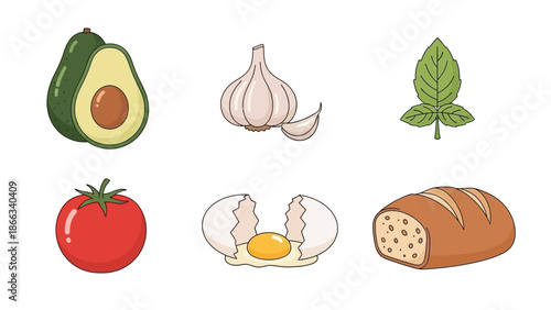 Fresh Ingredients for Cooking: Avocado, Garlic, Tomato, Egg, Bread, Basil
