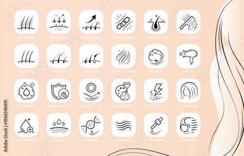 Hair health set icons. The outline icons are well scalable and editable. Contrasting elements are good for different backgrounds. EPS10.