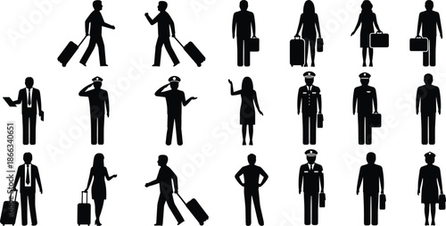 Travelers, Passengers, Airport, Journey, Business, Commute, Tourism, Luggage, Suitcase, Trip, Voyage, Transport, Transit, People, Silhouettes, Professionals, Flight, Mobility, Vector, Collection