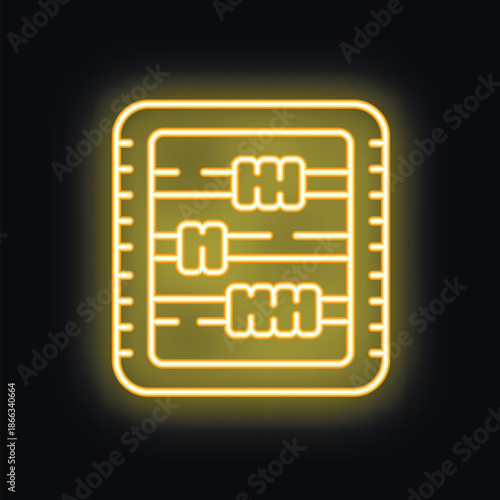 Bright yellow neon abacus icon glowing on dark background symbolizing finance, mathematics, and traditional calculation methods