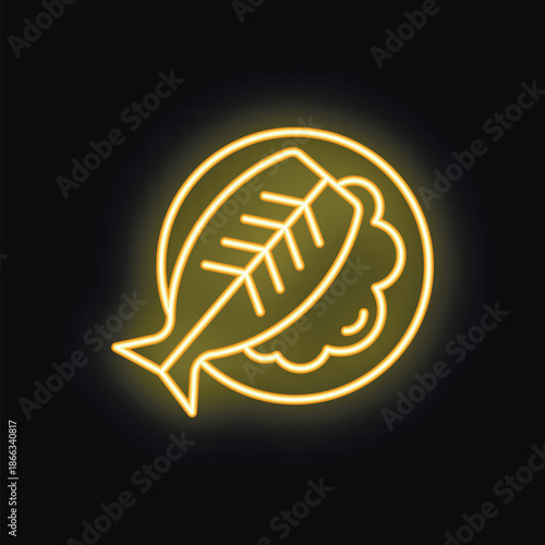 Neon sign illuminating a cooked fish served on a plate with garnish