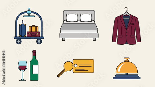 Hotel Icons: Luggage Cart, Bed, Suit, Wine, Key, Bell - Hospitality Vector Set