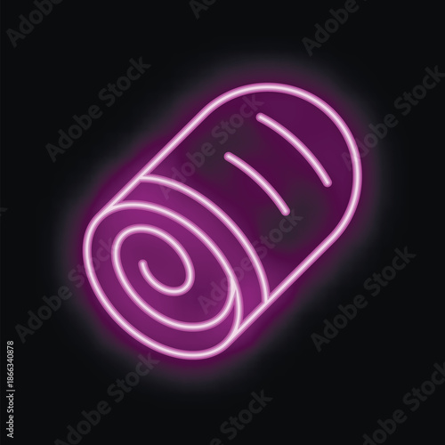Bright purple neon sign depicting a rolled up sleeping bag on a black background