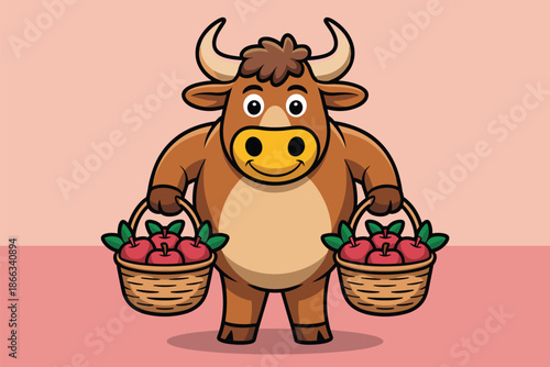 Cartoon bull farmer harvesting apples in wicker baskets cute happy farm animal character illustration for agricultural products marketing orchard harvest festival season rural countryside farming agri