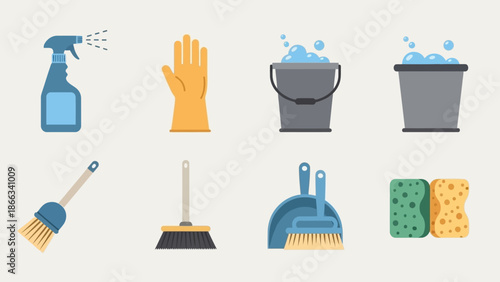 Cleaning Supplies Icons: Spray Bottle, Gloves, Buckets, Broom, Dustpan, Sponges