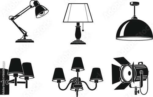 Lighting fixture silhouette icon set featuring desk lamp table lamp pendant chandelier wall sconce studio light vector illustration interior design