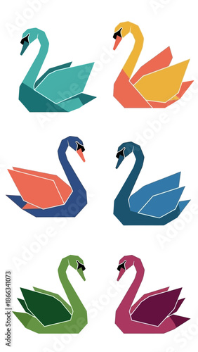 Origami Swans Collection: Geometric Abstract Animal Illustrations in Vibrant Colors