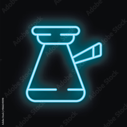 Blue neon sign of a cezve coffee pot glowing on a black background