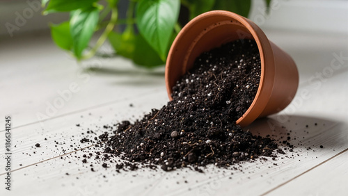 Potted plant soil spilled on wooden floor with green leaves in background  