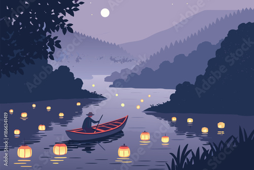 Peaceful River Boat Lantern Path Ill